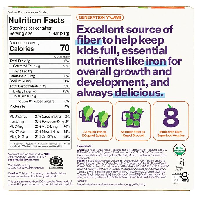Yumi Organic Toddler Snacks Bars - Gluten-Free, No Added Sugar, 7+ Vegetables, Soft-Baked Crust, Yumi Bars Healthy Toddler Organic Snacks - School Safe for Lunch Boxes, Blueberry & Purple Carrot (30ct.)