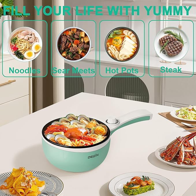 Dezin Hot Pot Electric Upgraded, Non-Stick Saut챕 Pan, Rapid Noodles Electric Pot, 1.5L Mini Portable Hot Pot for Steak, Egg, Fried Rice, Ramen, Oatmeal, Soup with Power Adjustment