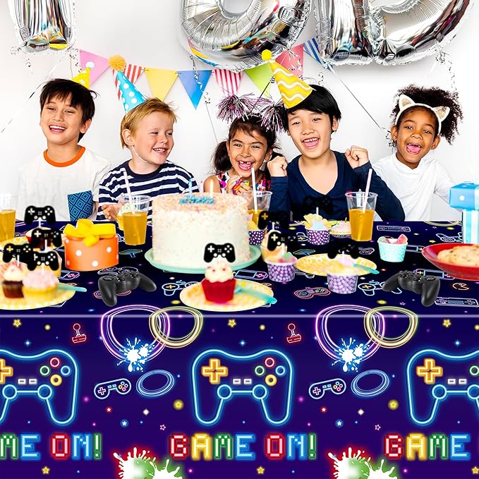 Video Game Party Tablecloths - 3Pcs Neon Video Game Birthday Party Table Covers Decorations, Game on Themed Rectangular Plastic Disposable Table Cloth Decor for Kids Birthday Gaming Events Supplies
