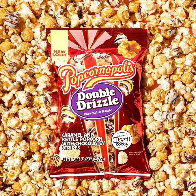 Popcornopolis Double Drizzle 6 ct, 2 oz Case, Caramel and Kettle with Chocolatey Stripes Flavored Indulgent Popcorn