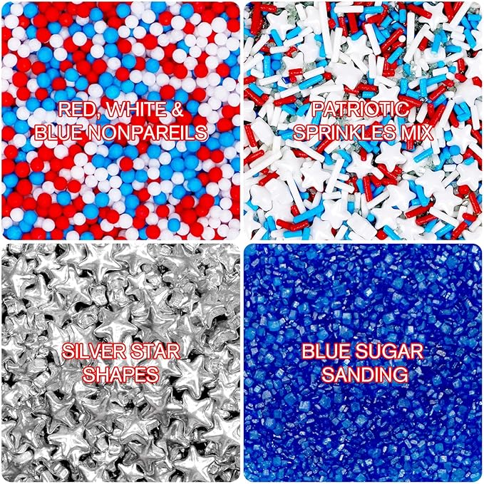 4th of July Sprinkles, Patriotic Sprinkle, Red White and Blue Sprinkles for Cupcakes Cake Decorating, Silver Star Mix, 160g/5.64oz, Cake Decorations, Baking Ice Cream Toppings