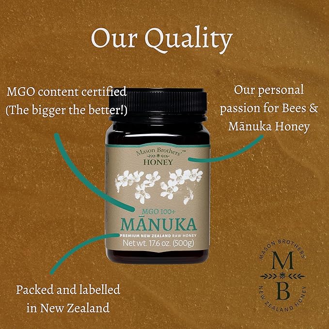 Mason Brothers’ MGO 100+ Raw Mānuka honey New Zealand - Authentic MGO certified traceable pure honey non- GMO (1.1 pound)