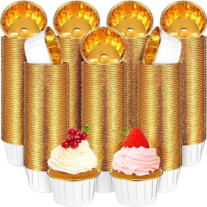 300 Pack White Gold Cupcake Liners Bulk Disposable Foil Muffin Cups 3.5 oz Wrappers for Baking Aluminum Paper Mini Metallic Disposable Holiday Party Wedding Festival Supply