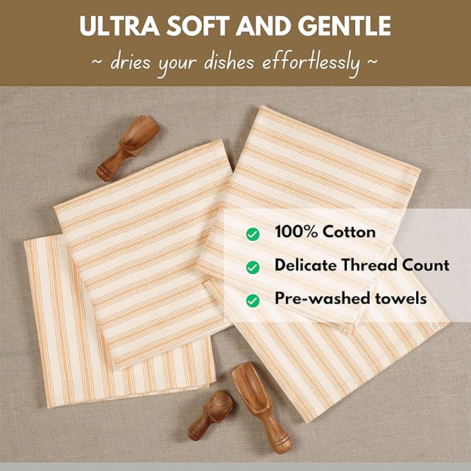 Native Fab 4 Pack Farmhouse Modern Stripe Kitchen Dish Towels Cotton Super Absorbent Quick Drying Reusable 18x26 Inches - Bar Hand Towels, Kitchen Cleaning Towels with Hanging Loop, Yellow