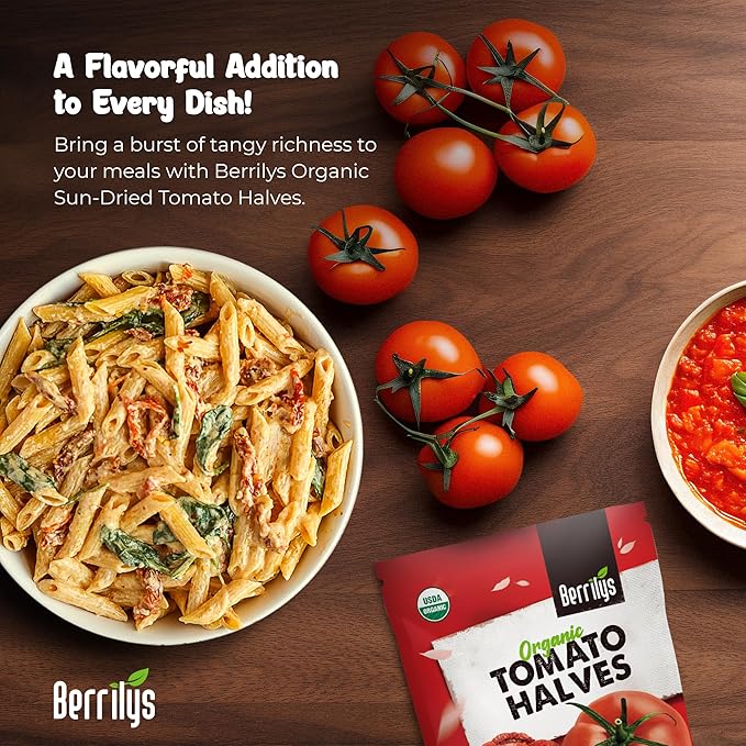 Berrilys Organic Sun-Dried Tomatoes, Salted, No Sulfur, No preservatives, Kosher, Raw, Non-GMO, Requires Pre-treatment or Cooking Before Consumption, 7oz