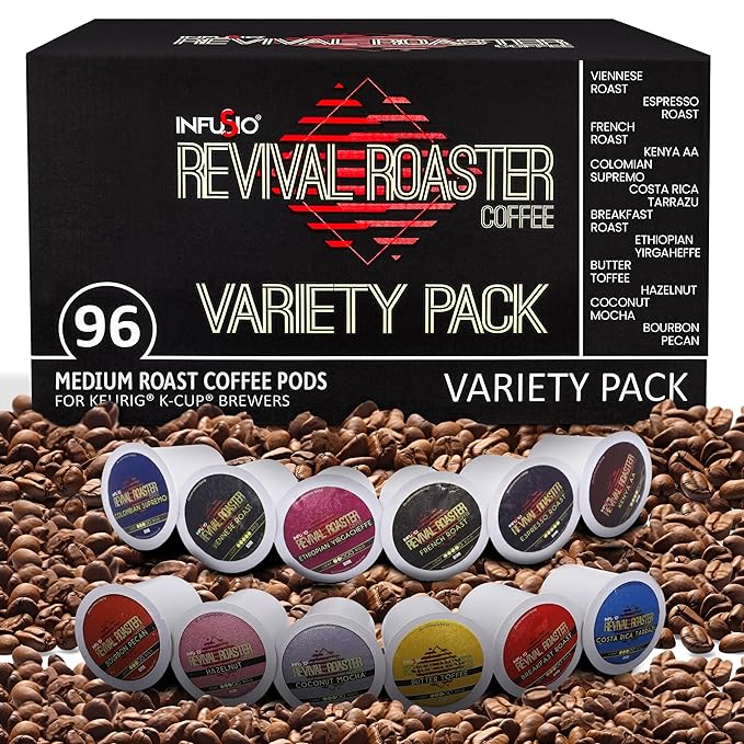 InfuSio Coffee Pods Variety Pack – 96 Count, 12 Crafted Medium & Dark Roast Blends and Artisan-Inspired Flavors Like Bourbon Pecan & Butter Toffee, Revival Roaster Collection, Compatible with Keurig 2.0 Brewers