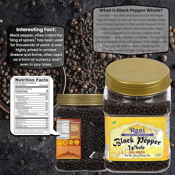 Rani Black Pepper Whole (Peppercorns), Premium MG-1 Grade 16oz (1lb) 454g Bulk PET Jar ~ All Natural | Gluten Friendly | Non-GMO | Kosher | Product of Vietnam | Perfect size for Grinders!