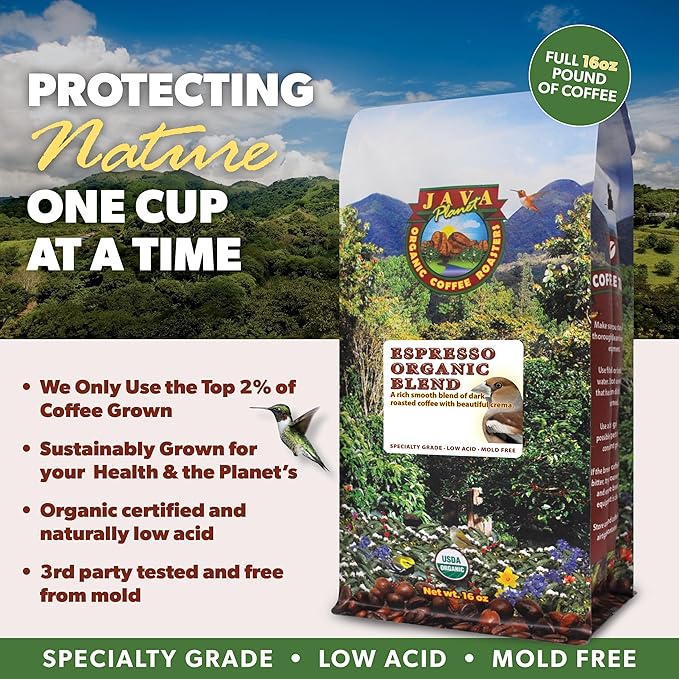Low Acid Organic Coffee ??Whole Bean, Mold-Free & Stomach Friendly by Java Planet, Espresso Blend Coffee, Dark Roast, Smooth Full Flavored, 5LB Bag