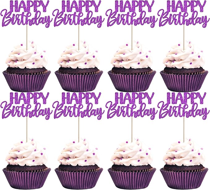 30 PCS Happy Birthday Cupcake Toppers Glitter Happy Birthday Cupcake Picks for Celebrating Anniversary Theme Party Cake Decorations Supplies Dark Purple