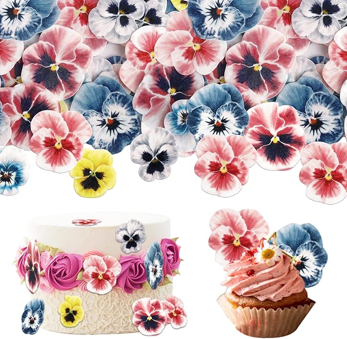 60 PCS Edible Flowers Cupcake Toppers Pansies Spring Edible Flowers Cake Decorations Bridal Shower Wafer Paper Flowers Cupcake Picks for Baby Shower Wedding Engagement Birthday Party Supplies