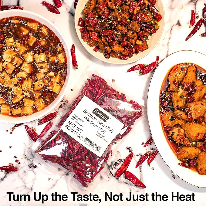 Natruen Whole Dry Szechuan Chinese Red Chili Pods 4 Oz (Medium Hot), Spicy Sichuan Dried Red Hot Chilies for Chili Oil, Paste, and Sauce