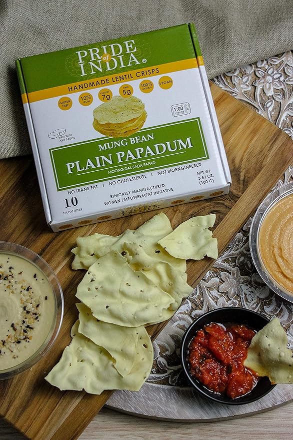 Pride Of India - Mung Bean Plain Papadum Lentil Crisp, 10 count (3.53oz - 100gm) - Plant Based Protein Snack, Gluten-Free Vegan Crackers, Healthy Bean Chips, Traditional Handmade Indian Low Carb Food