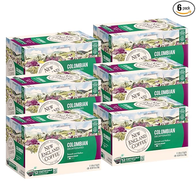 New England Coffee Colombian Decaffeinated Medium Roast Single Serve Pods, 12ct Box (Pack of 6)