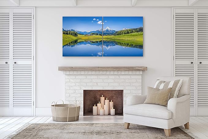Mountain Landscape Wall Art Decor - 2 Piece Set, Decorative Framed Winter Snowy Lake Landscape Canvas Art Multi Panel Split Prints for Living Room, Kitchen, Bedroom, Office & Home Decor Gift