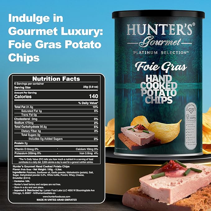 Hunter's Gourmet Chips | Hand-Cooked & Cholesterol Free | Made in a Nut-Free Facility | Foie Gras | No Artificial Colors | Non-GMO | Vegan Potato Chips | Pack of 4 | 150g