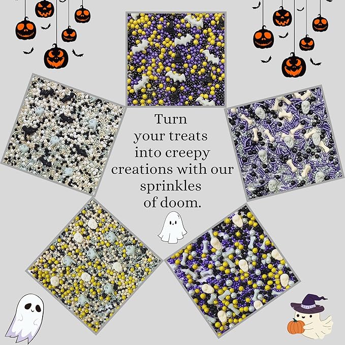 Confect Sprinkles ??Edible Pearl Mix in White, Purple, Black & Ghastly Green with Ghost Party Shapes: Boo, Bats & Bones ??Halloween Sprinkles for Cupcakes, Cookies & Spooky Treats- 5 Oz