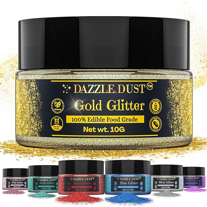 Dazzle Dust Edible Glitter Sprinkles for Cake Decorating, Drinks, Cookie, Icing, Dessert Decorations, Sparkly Luster, Food-Grade, Vegan, Gluten Free, Kosher, Bulk 10g, Gold