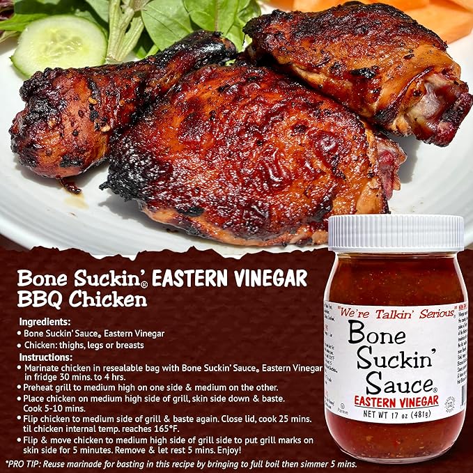 Bone Suckin??Sauce Eastern Vinegar BBQ Sauce, Authentic Carolina Flavor, Zesty, Vinegar-Based Flavor, For Chicken, Pork, Beef, Potatoes Gluten-Free, Non-GMO, Kosher (1 Count)