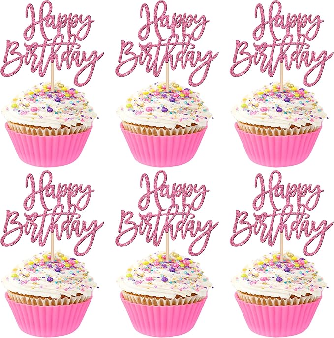 24 PCS Happy Birthday Cupcake Toppers Glitter Happy Birthday Cupcake Picks for Celebrating Happy Birthday Anniversary Theme Party Cake Decorations Supplies Pink