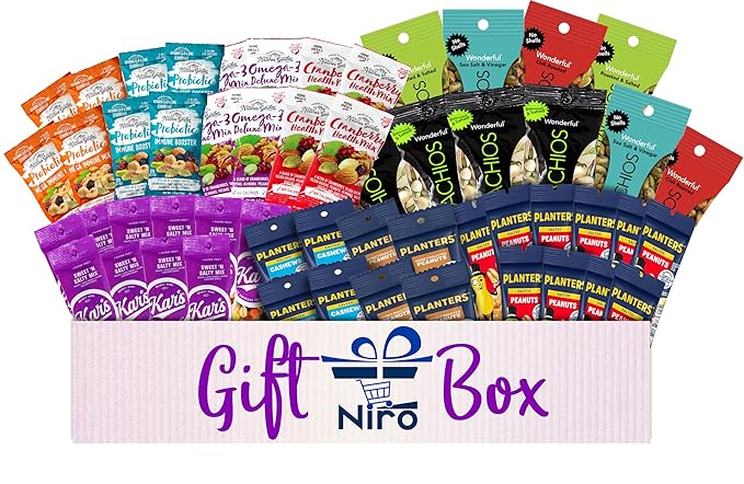 Niro Gift Basket | Nut and Trail Mix Assortment | 12 Different Flavors | 54 Packs of Nuts and Trail Mixes