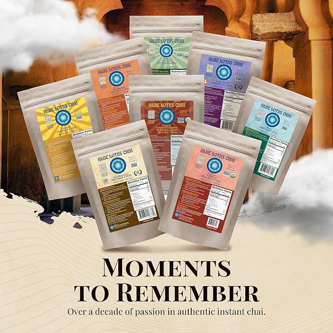 Blue Lotus Chai ??Organic Rooibos Masala Chai - Makes 265 Cups ??Caffeine-Free, No Steeping, No Gluten - 8 Ounce Masala Chai Powder with Organic Spices ??Authentic Indian Tea