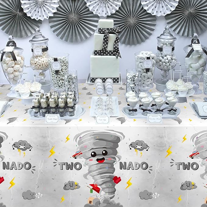 3Pcs Two Nado Party Tablecloths - Gray Tornado Birthday Party Table Covers Decorations, Cute Two Nado Themed Rectangular Plastic Disposable Table Cloth Decor for Baby Girls 2nd Birthday Baby Shower