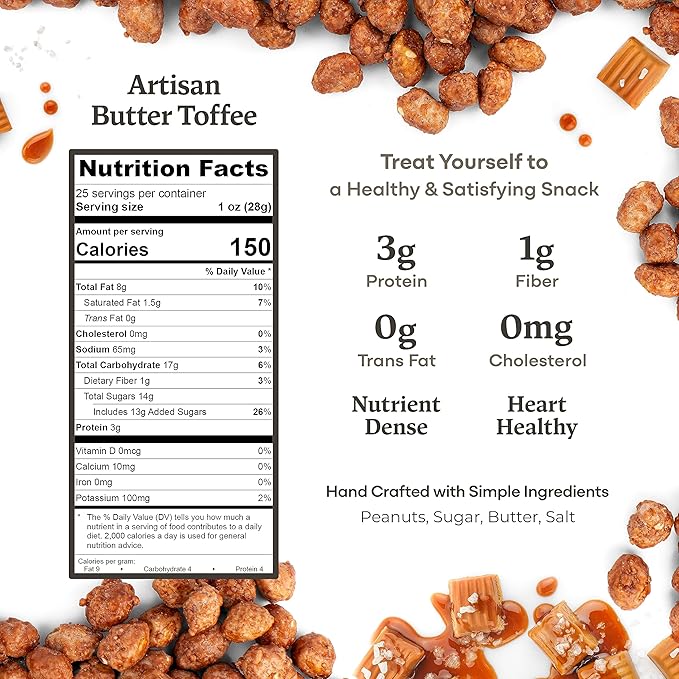 Belmont Peanuts Gourmet Butter Toffee Candied Peanuts, 25 oz (1 Pack) ??Only 4 Ingredients, No Preservatives, 3g Protein ??A Premium, Sweet, Buttery, Salty, Crunchy, Hand Seasoned Snack
