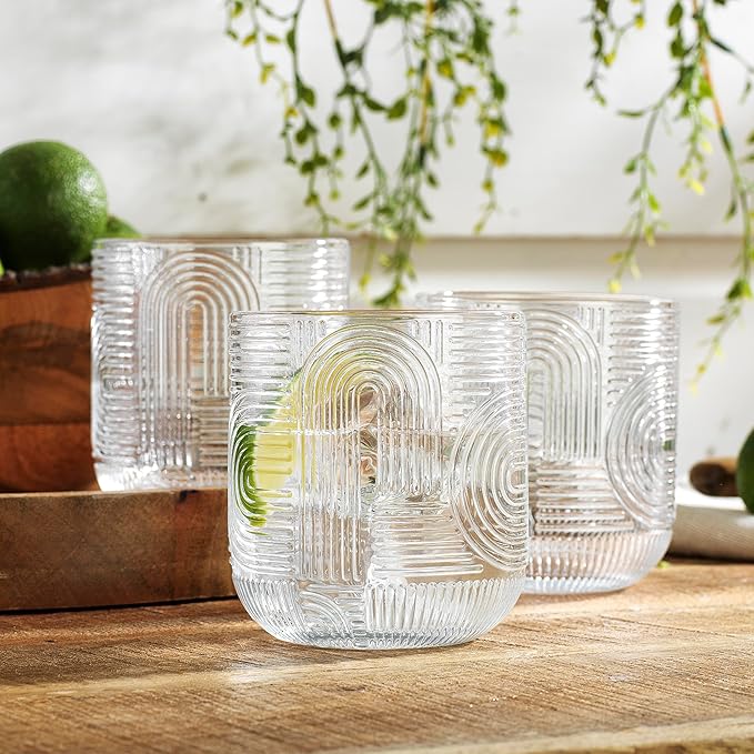 Glaver's Whiskey Glasses 13 oz Rocks Glass Double Old Fashioned Set of 4 DOF Home Bar Glasses Embossed Designed Elegant Clear Modern Vintage Drinking Glassware