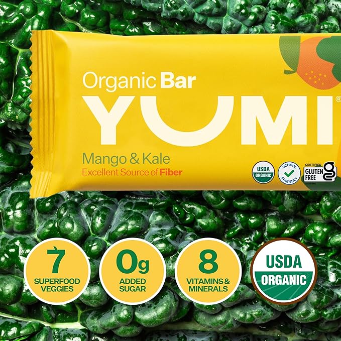 Yumi Organic Toddler Snacks Bars - Gluten-Free, No Added Sugar, 7+ Vegetables, Soft-Baked Crust, Yumi Bars Healthy Toddler Organic Snacks - School Safe and for Lunch Boxes, Mango & Kale (30ct.)