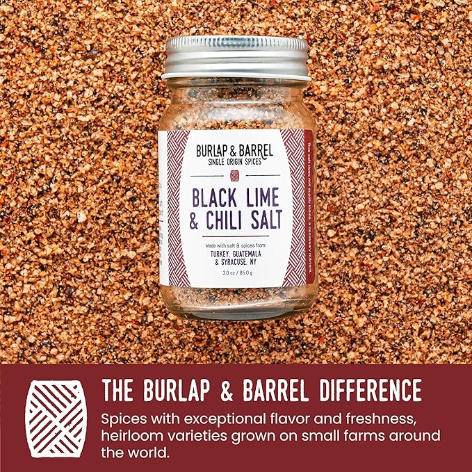 Burlap & Barrel Black Lime & Chili Salt - Savory, Tart, Mildly Spicy - Seasoning Salt for Seafood, Salads & Grilling - As Seen on Shark Tank - 3.0 oz Glass Jar