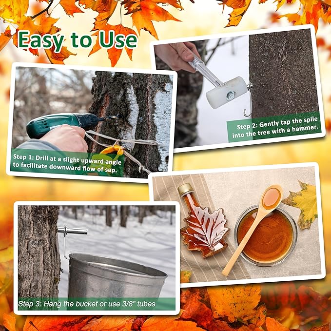 Stainless Steel Maple Syrup Taps Kit, Spiles for Tapping Trees, 3 Spiles and Hooks With 1 Spile Cleaning Brush