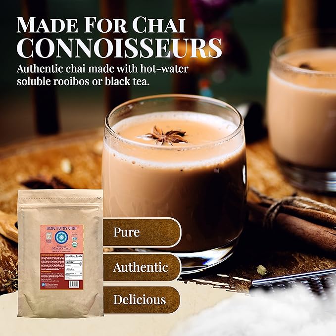Blue Lotus Chai - Rooibos Masala Chai - Makes 530 Cups - 1 Pound Bulk Bag Masala Spiced Chai Powder with Organic Spices - Instant Indian Tea No Steeping - No Gluten