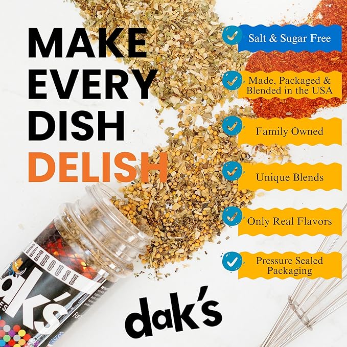DAK's Spices Steakhouse Seasoning Blend For Meats | 100% Salt & Sugar Free | Premium & Healthy Seasoning | MSG Free, Preservative Free, Potassium Chloride Free | Low Carb & Keto Friendly | Perfect for Clean Eating & Adding Flavor to Recipes | 1.5 oz