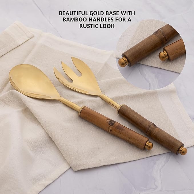 Folkulture Serving Utensils for Modern Serving and Cooking, Stainless Steel Salad Servers or Salad Tongs, 12 Inch Salad Tosser, Serving Spoon and Fork Set with Bamboo Handle, Gold