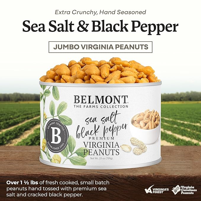 Belmont Peanuts Gourmet Sea Salt and Black Pepper Flavored Virginia Peanuts, 25 oz (1 Pack) ??Only 4 Simple Ingredients, No Preservatives, 7g Protein ??Salty, Peppery, Crunchy, Hand Seasoned Snack