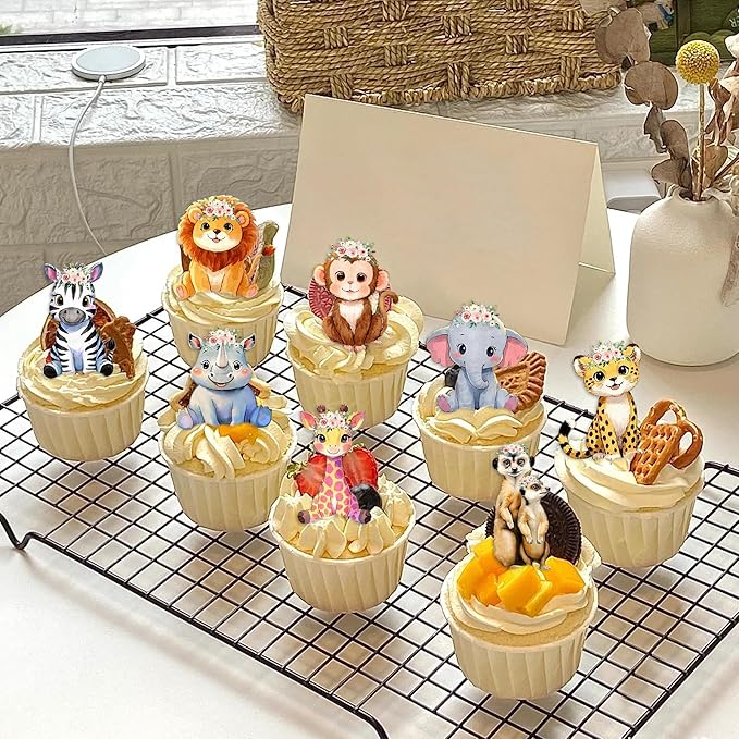 40Pcs Edible Floral Jungle Safari Animal Cupcake Toppers Wafer Paper Safari Theme Cake Toppers Decoration for Animal Drink Topper Birthday Party Decoration