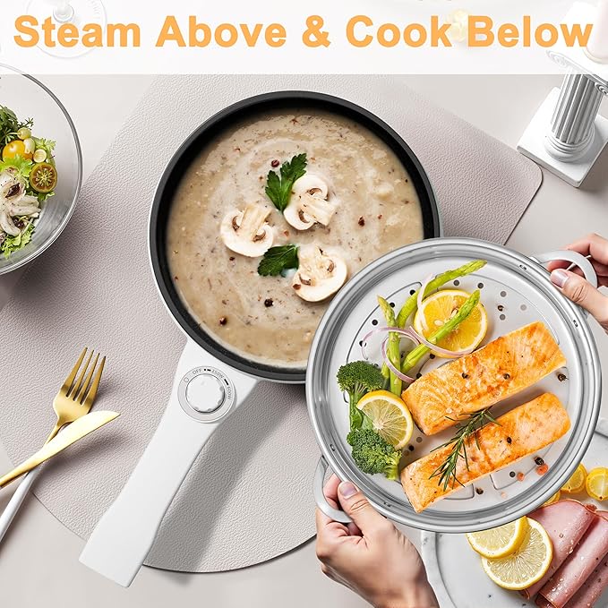 Dezin Hot Pot Electric with Steamer Upgraded, Non-Stick Saut챕 Pan, Rapid Noodles Electric Pot, 1.5L Mini Pot for Steak, Egg, Fried Rice, Ramen, Oatmeal, Soup with Power Adjustment