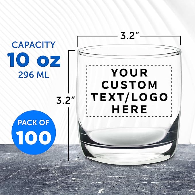 DISCOUNT PROMOS Custom Whiskey Glasses 10 oz Set of 100, Personalized Bulk Pack - Heavy Base Old Fashioned Glass, Perfect for Scotch, Bourbon, Whiskey, Cocktail - Clear Bottom Color