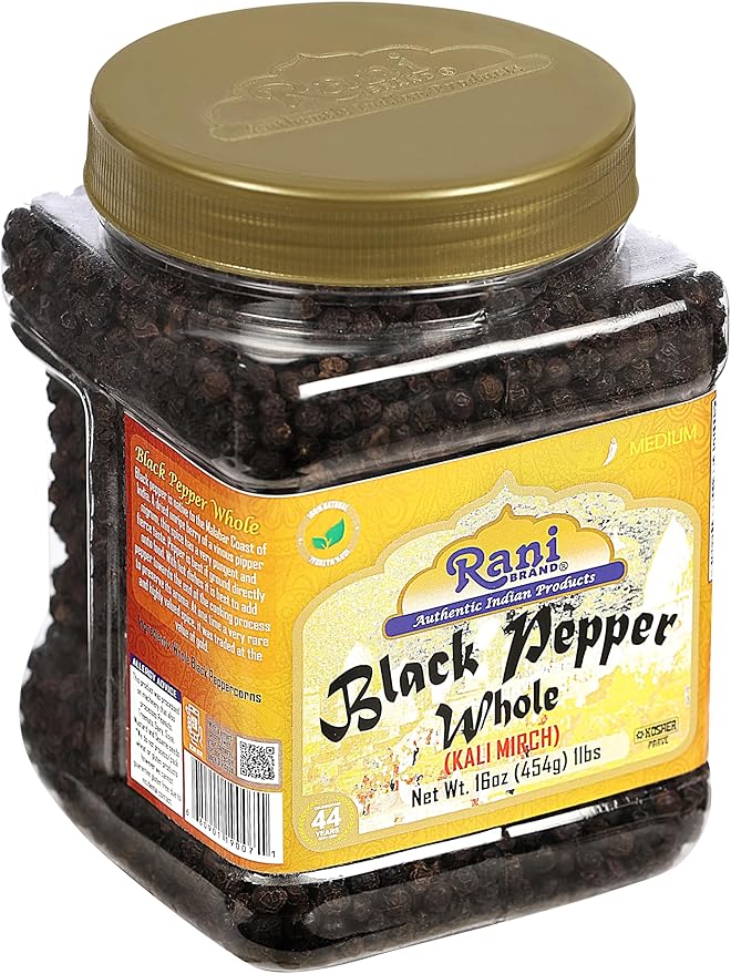 Rani Black Pepper Whole (Peppercorns), Premium MG-1 Grade 16oz (1lb) 454g Bulk PET Jar ~ All Natural | Gluten Friendly | Non-GMO | Kosher | Product of Vietnam | Perfect size for Grinders!