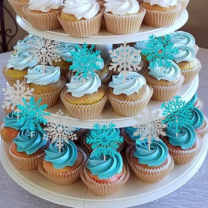 Rsstarxi 24 Pack Snowflake Cupcake Toppers Glitter Winter Wonderland Snowflake Theme Cupcake Picks Decoration for Baby Shower Kids Birthday Christmas Party Cake Decorations Silver Blue