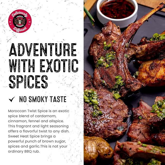 Sauce Goddess - Spicy BBQ Sweet Heat & Moroccan Twist Duo Premium Spices, No MSG, No Additives, Plant-Based, Shakers for Meat & Veggies - 2-Pack