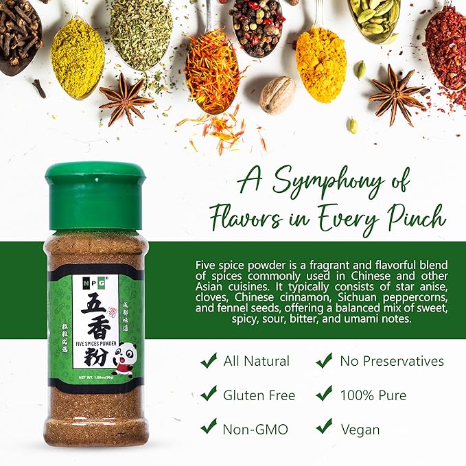 NPG Authentic Chinese Five Spice Blend 1.08 Oz (Pack of 3), Gluten Free, All Natural Ground Chinese 5 Spice Powder, No Preservatives No MSG, Mixed Spice Seasoning for Asian Cuisine & Stir Fry