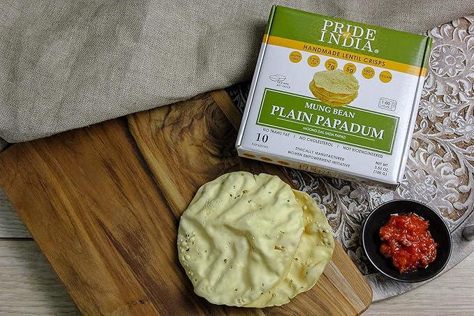 Pride Of India - Mung Bean Plain Papadum Lentil Crisp, 10 count (3.53oz - 100gm) - Plant Based Protein Snack, Gluten-Free Vegan Crackers, Healthy Bean Chips, Traditional Handmade Indian Low Carb Food