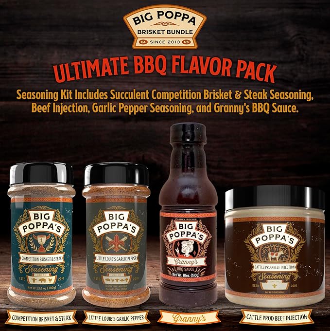 Big Poppa's Brisket Bundle (4-Pack) ??Featuring Succulent Competition Brisket & Steak Seasoning, Beef Injection, Garlic and Pepper Spice Mix & Granny's BBQ Sauce - Ultimate BBQ Seasoning Kit