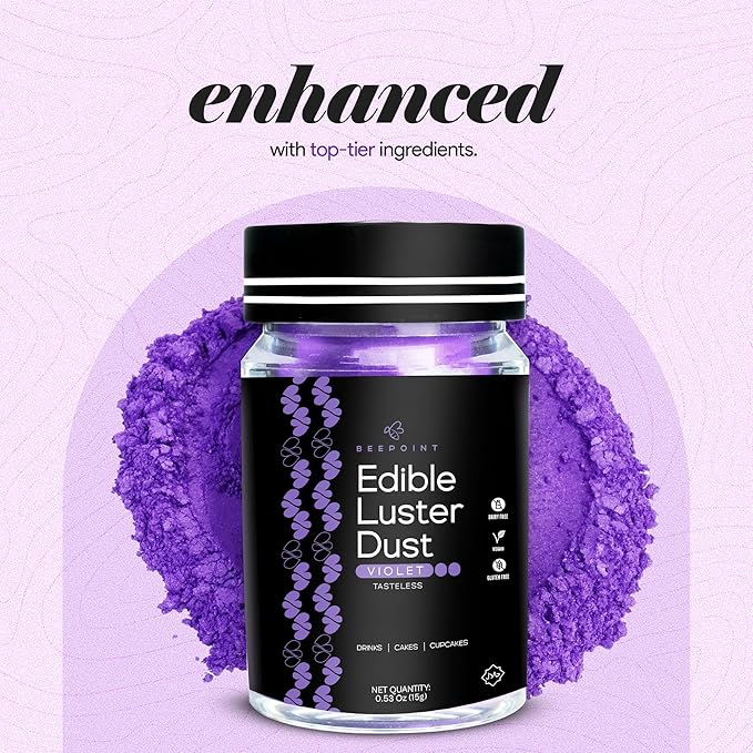 BeePoint Violet Edible Luster Dust 15g - Food Grade, Vibrant Color Shimmer Powdered Dust for Drinks, Cocktails, Cake Decorating, Baking, Chocolates, Candy, Sweets, & Cookies - Vegan & Gluten Free