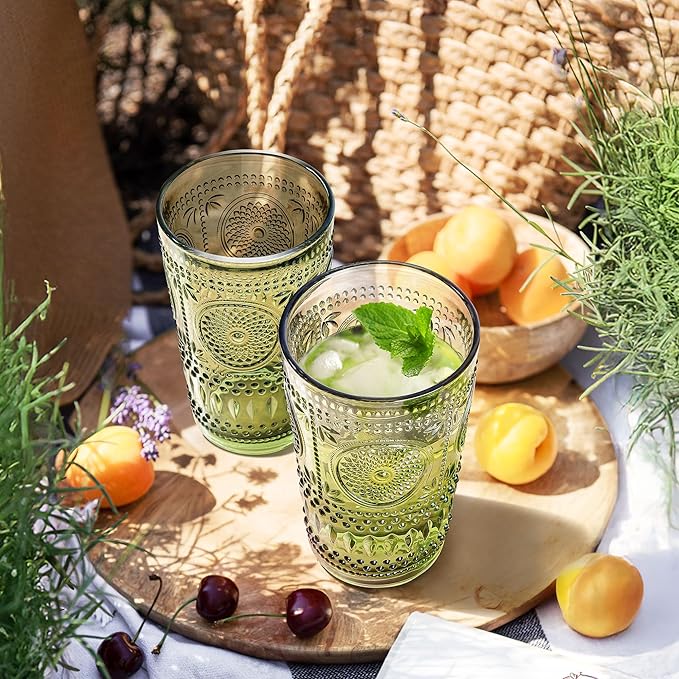 Joeyan Green Vintage Drinking Glasses,Embossed Boho Sunflower Highball Water Glass Tumbler,14 oz Colored Beaded Glassware for Beverages Juice Whisky Cocktail Beer Wine Milk of 4,Dishwasher Safe