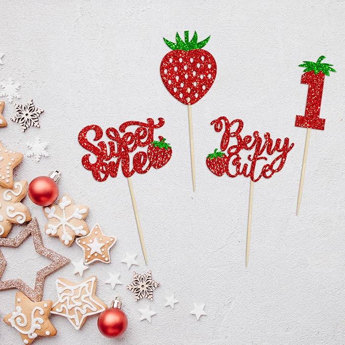 24Pcs Sweet One Cupcake Toppers Glitter First Birthday Strawberry Cupcake Picks for Fruit Baby Shower 1st Birthday Berry Sweet Cupcake Decorations Party Supplies Red