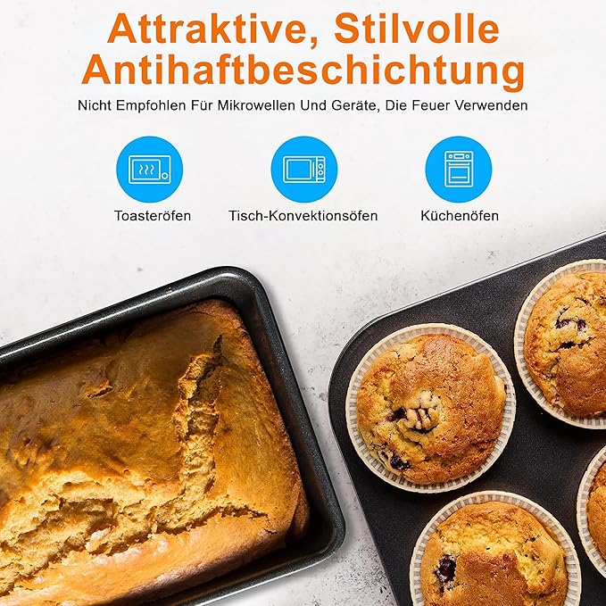 NutriChef 8-Piece Nonstick Stackable Bakeware Set - PFOA, PFOS, PTFE Free Baking Tray Set w/Non-Stick Coating, 450°F Oven Safe, Round Cake, Loaf, Muffin, Wide/Square Pans, Cookie Sheet (Gray)