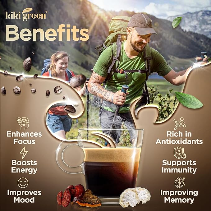 KIKI Green Mushroom Coffee - Instant Arabica Brew with Reishi, Chaga, Lion's Mane - Everyday Alternative for Focus, Energy, Immunity - 7 oz, 40 Servings