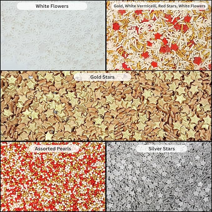 Confect Christmas Sprinkles | White Flower, Gold, Red & White Pearl Sprinkles Mix ??Silver Star Edible Holiday Decorations for Cakes, Cupcakes, Cookies ??Festive Baking Toppers- Vegan, Gluten-Free, Nut-Free, Soy-Free, Dairy-Free, Palm Oil-Free- 5 Oz